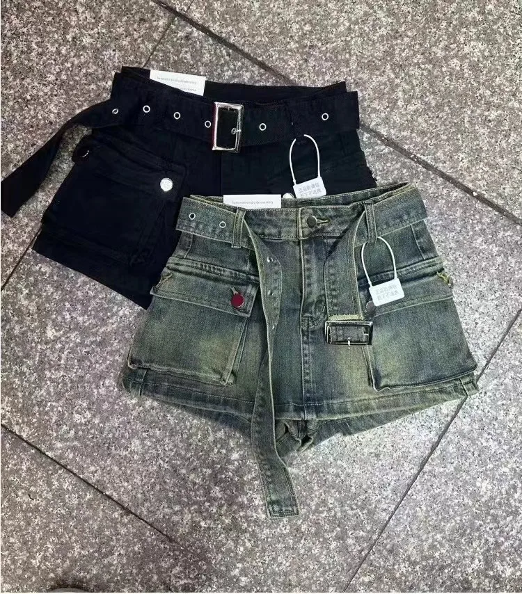 2024 New A-line Denim Belt Shorts For Women's Fashionable Street Pocket Jeans For Slimming High Waisted Tight Fitting Hot Pants