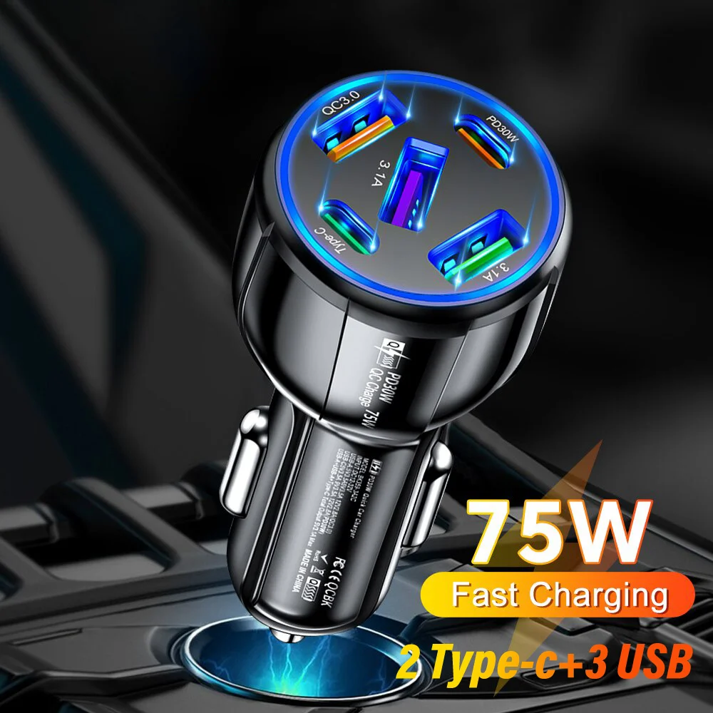 75W 3 USB+2 Type-c 5 Port USB Car Chargers USB C Car Charger Fast Charging PD QC3.0 Phone Quick Charger in Car for iPhone Xiaomi