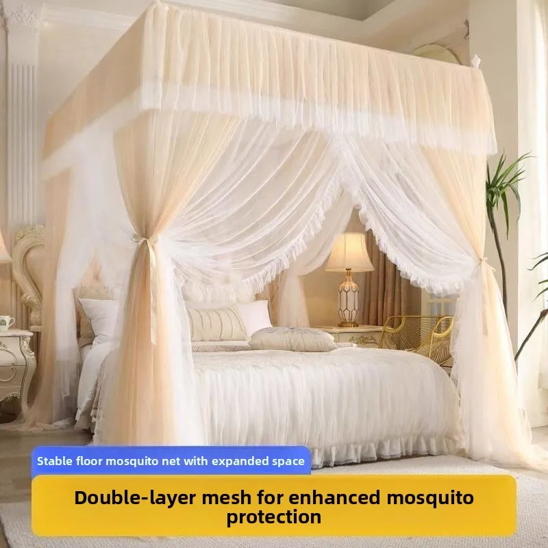 Rustic Lace Floor-Mounted Mosquito Net Three-Door Bedroom Princess Style Old Pattern Aluminum Alloy Frame Universal Zipper Ac...