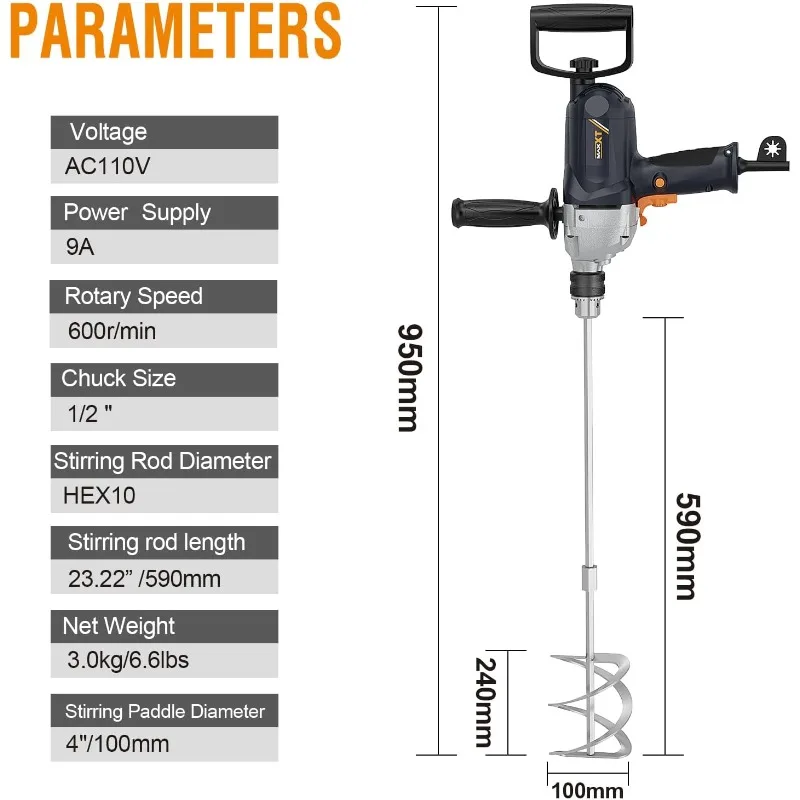 MAXXT Drill Mixer Set with Spade Handle 1/2 inch Electric Corded Mixing Drill Machine 9A Motor Concrete Mud Mixer