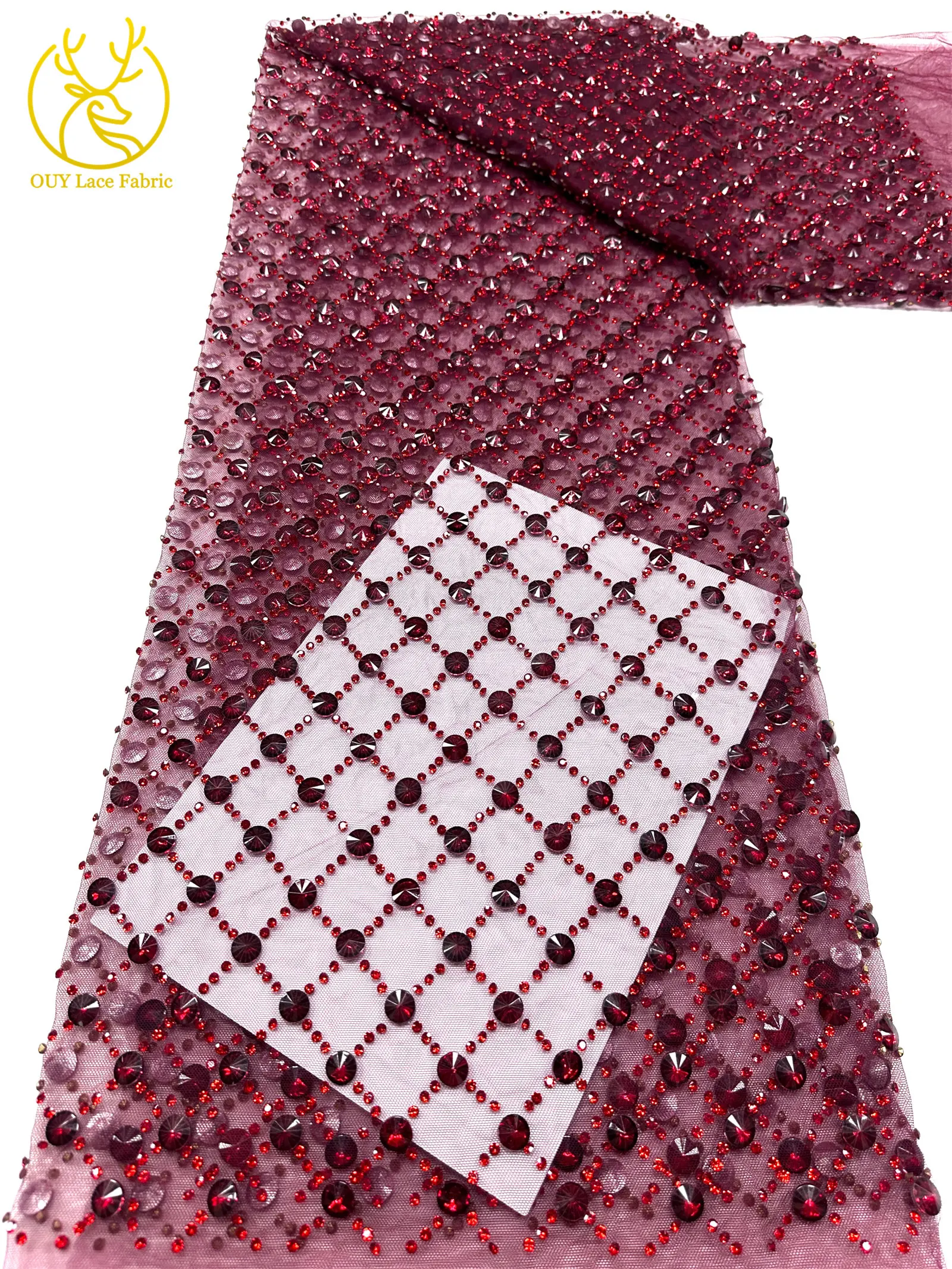 Hochwertiger, maßgefertigter, luxuriöser, handgefertigter Diamant-Mesh-Spitzenstoff 2026 – Afrikanischer Spitzenstoff, nigerianischer Stein-Tüll-Spitzenstoff für Partykleider zum Nähen – Detail 13