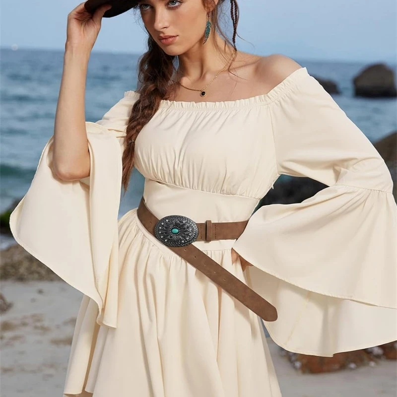 Vestido asimétrico por encima de la rodilla con hombros descubiertos, sin tirantes, cintura ahumada, mangas largas acampanadas, Color sólido, Mini para mujer, elegante cita de fiesta