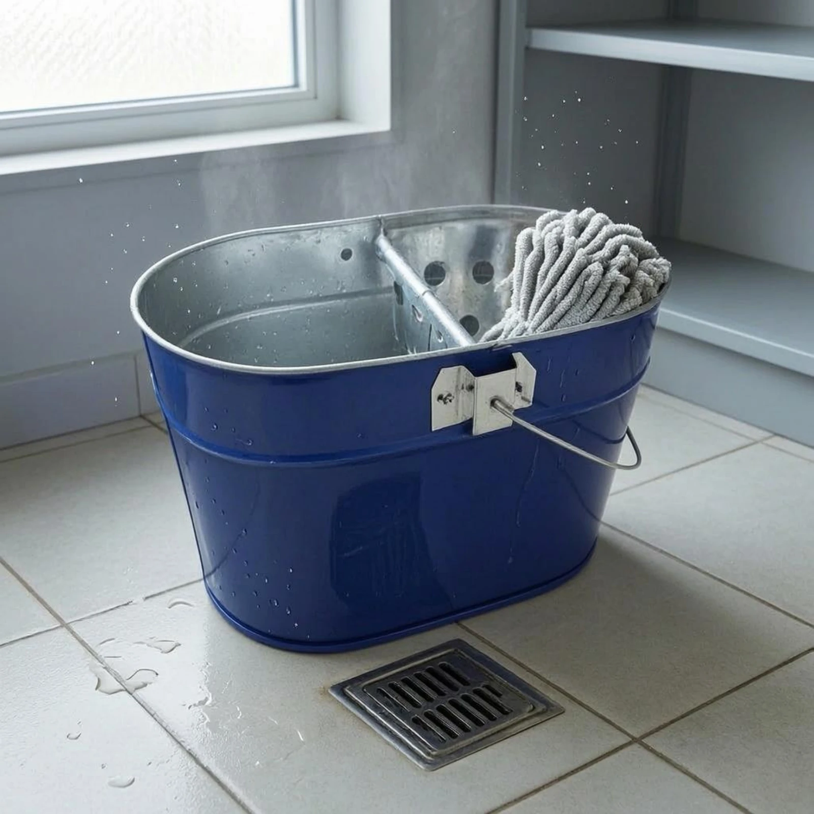 

Oval Mop Pail Multiuse Metal Mop Pail Portable Cleaning Pail Wire Handle Silver Interior