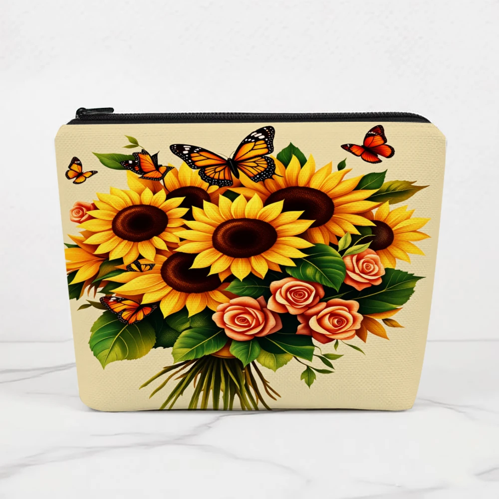 Sunflowers Roses Butterflies Leaves Yellow Makeup Bags for Girls Cosmetic Pouch Toiletry Bag Pencil Case Travel Storage
