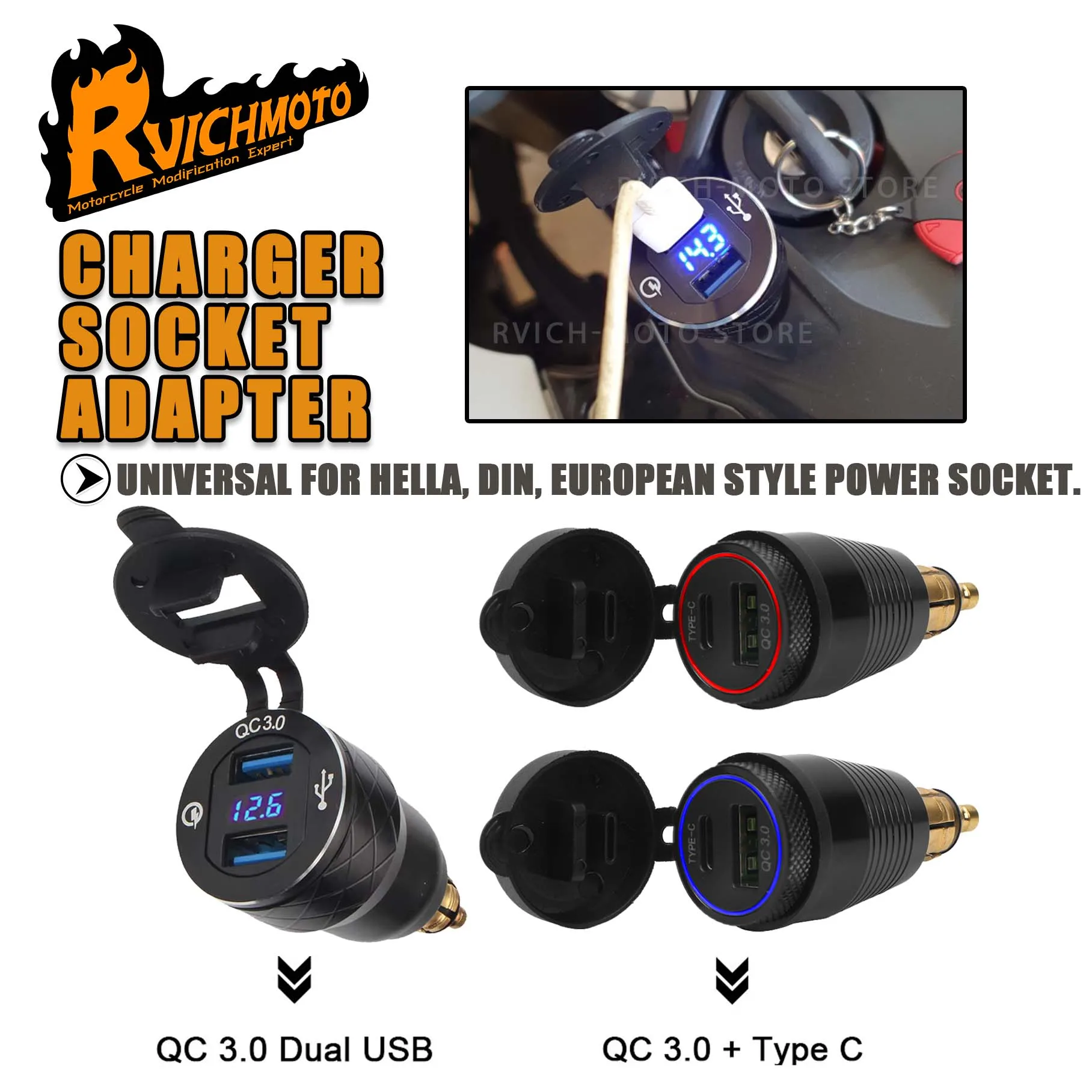 

QC3.0 Dual USB Charger Plug Socket Power Adapter Type-C For BMW R1200GS R1250GS F750GS S1000XR F800R R9T For Versys For DUCATI