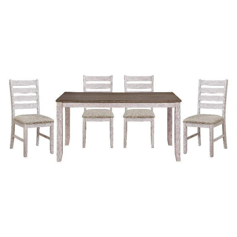 Grayish White and Brown Finish Casual Dining Room Furniture 5pc Dining Set Rectangular Wooden Table and 4x Side Chairs Fabric Up