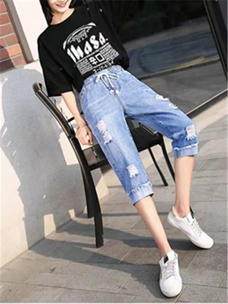 2023 Denim Cropped Pant Women New Loose Elastic Harem Pants Girls Casual All-Match High Waist Denim Pants Summer Breeches Trend