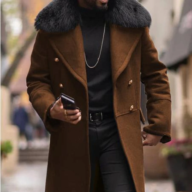 Men\'s Coat Casual Wool Solid Color Slim Fit Double Row Button Brown Side Pocket Jacket Korean Coat Men