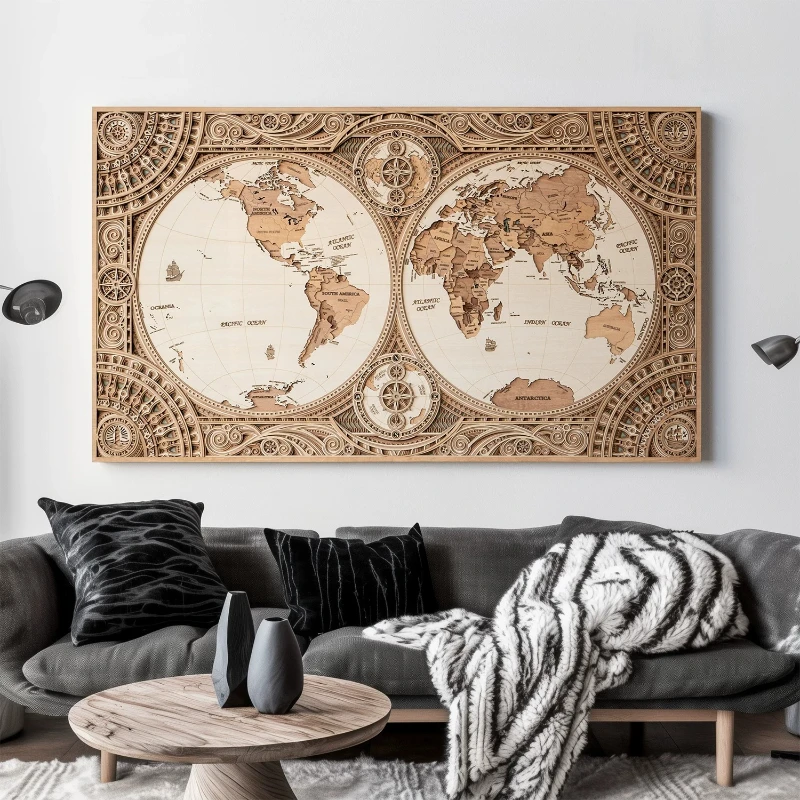 Solid wood world map wall decoration painting living room study background wall hanging painting