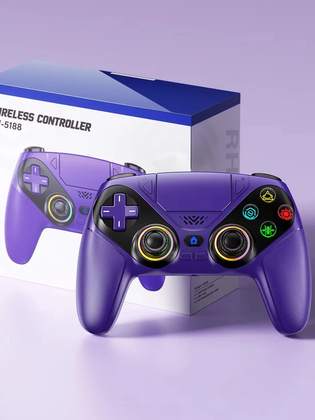 Controller für Playstation 5/PS5/PC, RGB Wireless Gamepads, 6-Achsen-Gyro, Dual-Vibration, Turbo/Marco-Programm, Game-Joystick-Steuerung