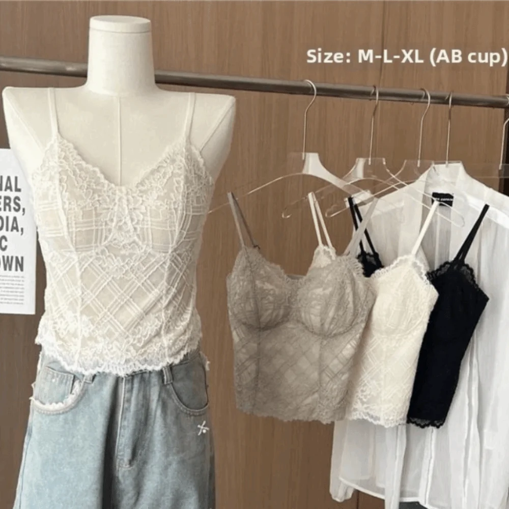 Spicy Girl Style Fishbone Lace Camisole Hollow Slim Fit Lace Corset Transparent Streetwear Crop Tops Spring Summer