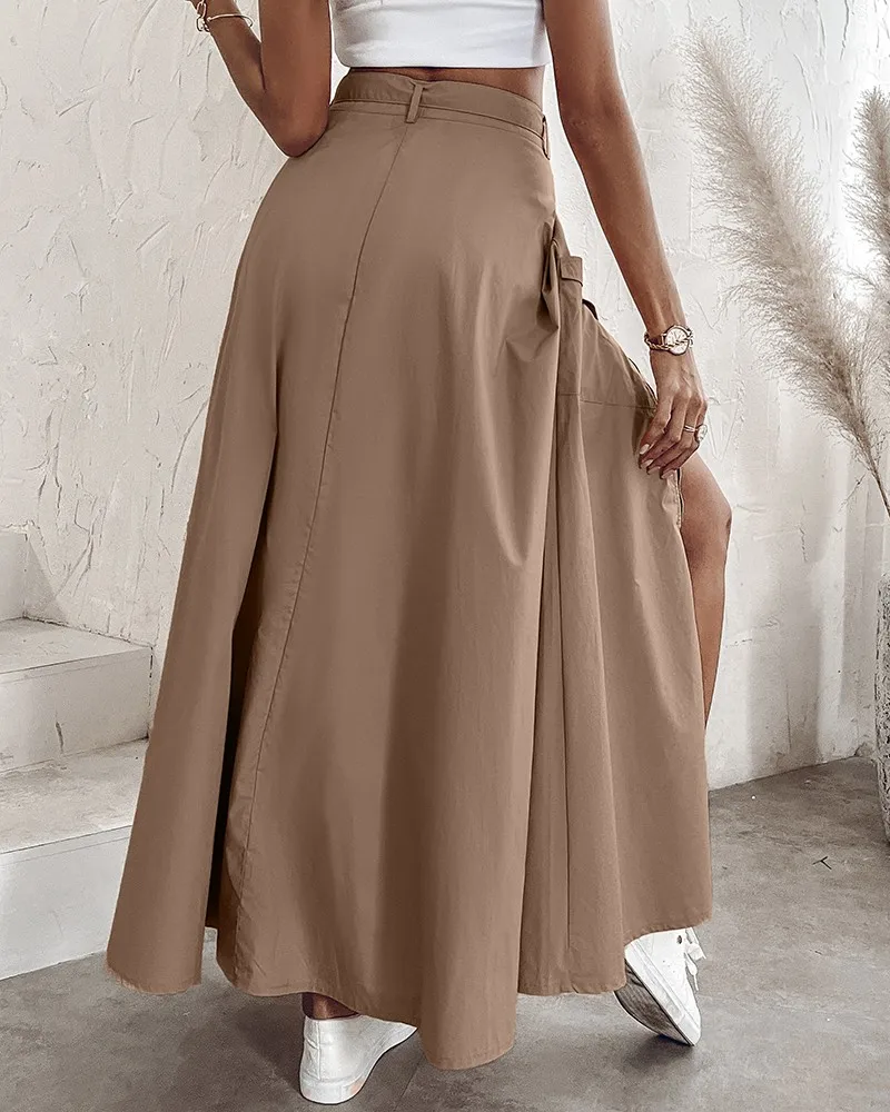 Summer New Women Elegant Waist Belt Zipper High Slit Maxi A-line Skirt