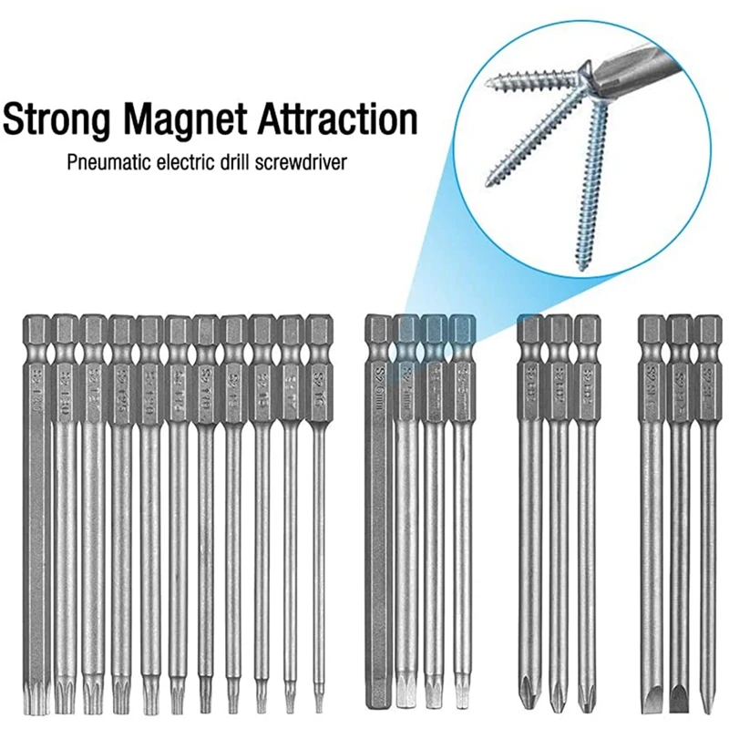 Torx Bits Schraubendreher-Set, 21 Stück Torx-Schraubendreher-Set (100mm), Bit-Set lange T6-T40 mit Magnet, 1/4 Zoll Sechs kant