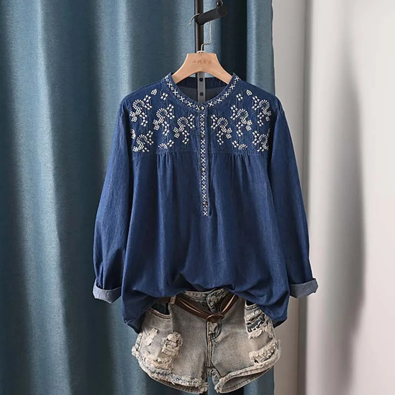 New Spring Cotton Denim Shirt Women O-Neck Long Sleeve Tops Girl Retro Embroidery Commute Loose Blouse 2024 Autumn Coat T43740QM