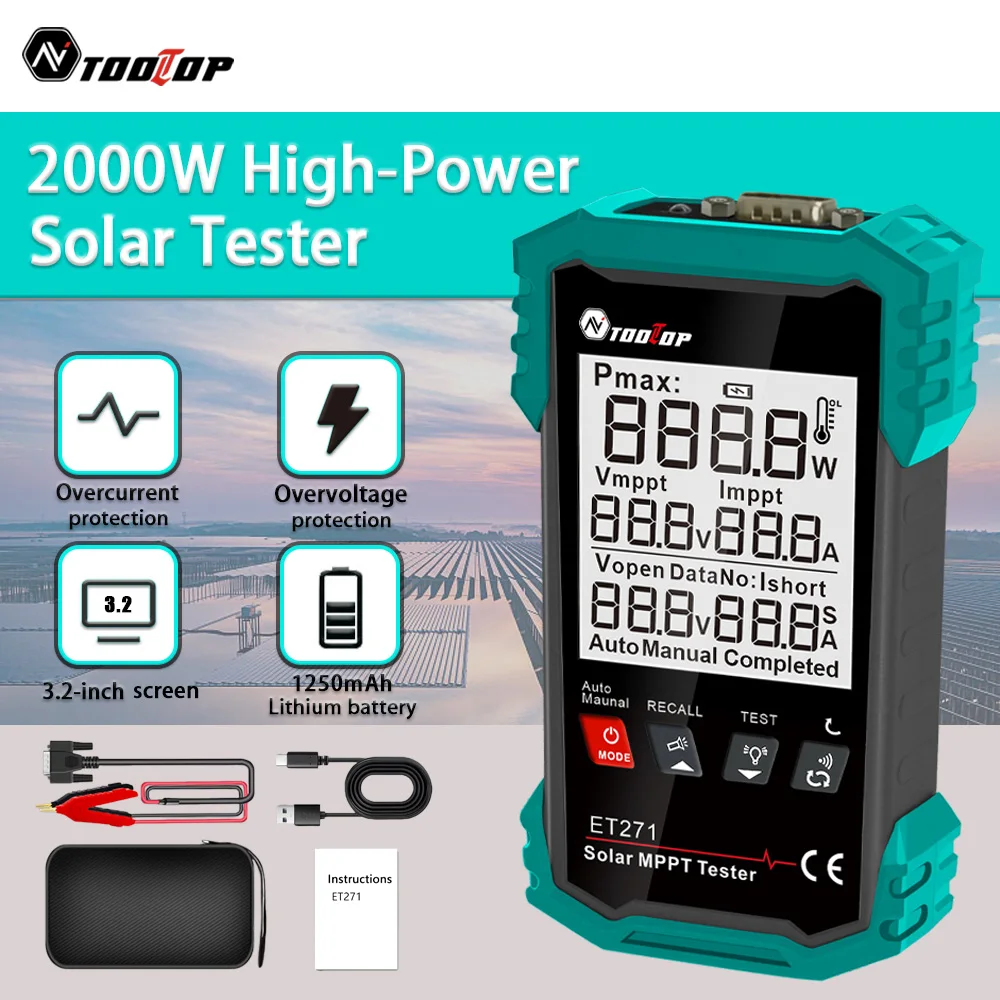 TOOLTOP ET271 2000W Solar Power Tester MPPT 3.2-Inch Screen Photovoltaic Power Meter Voltage Current Test Overvoltage Protection
