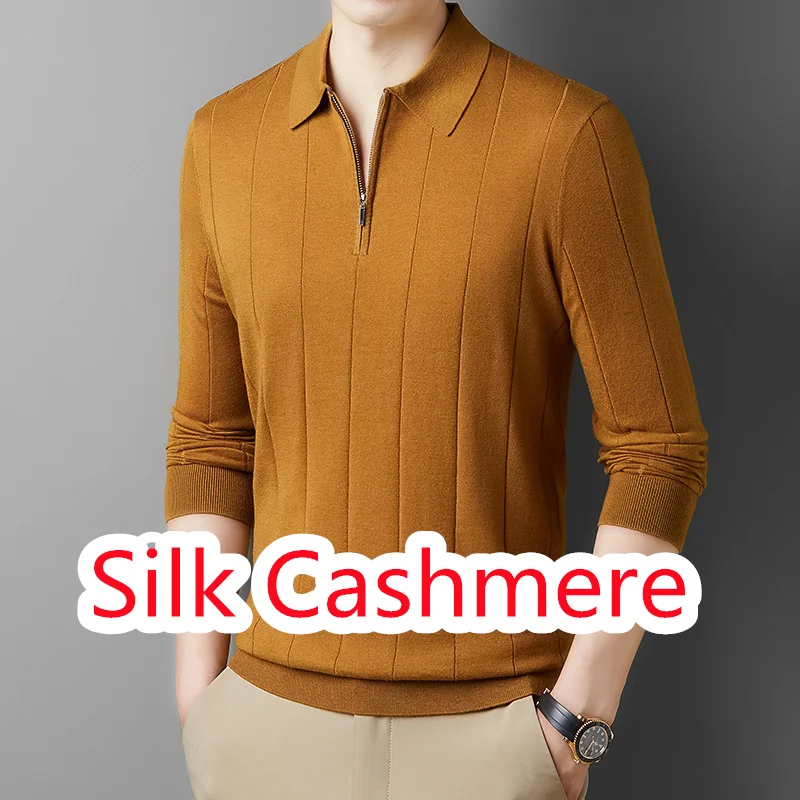 Seide Kaschmir Männer Polo-Shirt 2025, Herbst Drehen Unten Kragen Strickwaren Langarm Männlich Jumper Pullover Zipper Pullover Tops