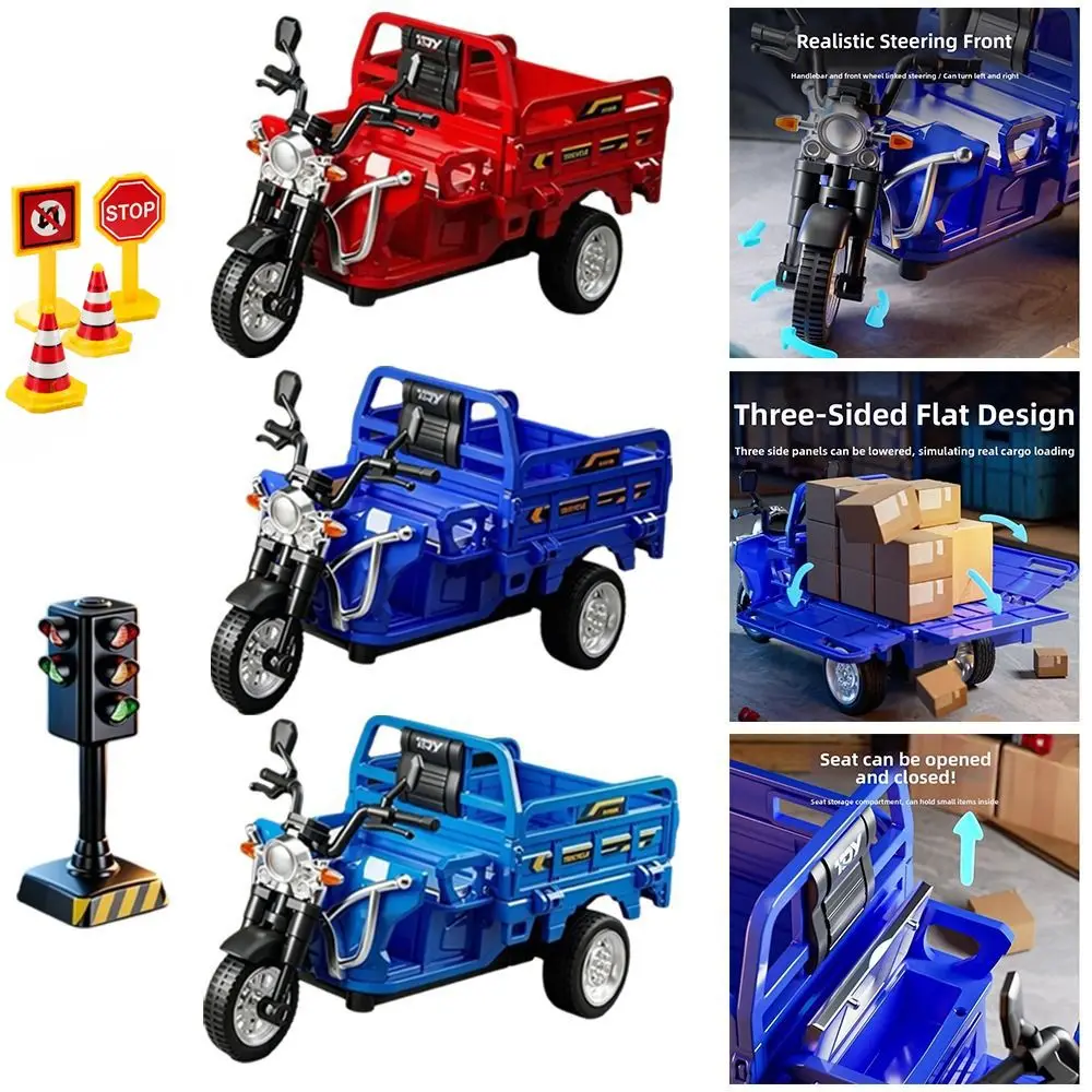 Boys Gift Plastic Simulation Tricycle Openable Seat Steerable Front Pull Back Truck Inertia Driving Diecast Courier Truck