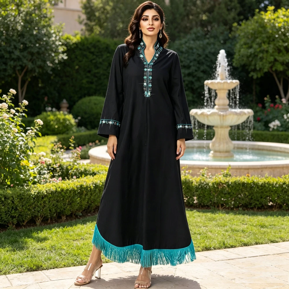 

Fashion Muslim Women Rhinestone Tassles Maxi Dress Abayas Dubai Turkey Kaftan Evening Jalabiya Party Dresses Islamic Female Gown