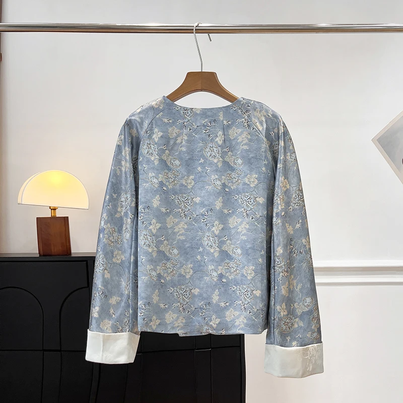   신상 중국 스타일 아우터웨어 여성용 라운드 넥 루즈핏 새틴 원단 가을 신상 패셔너블 코트