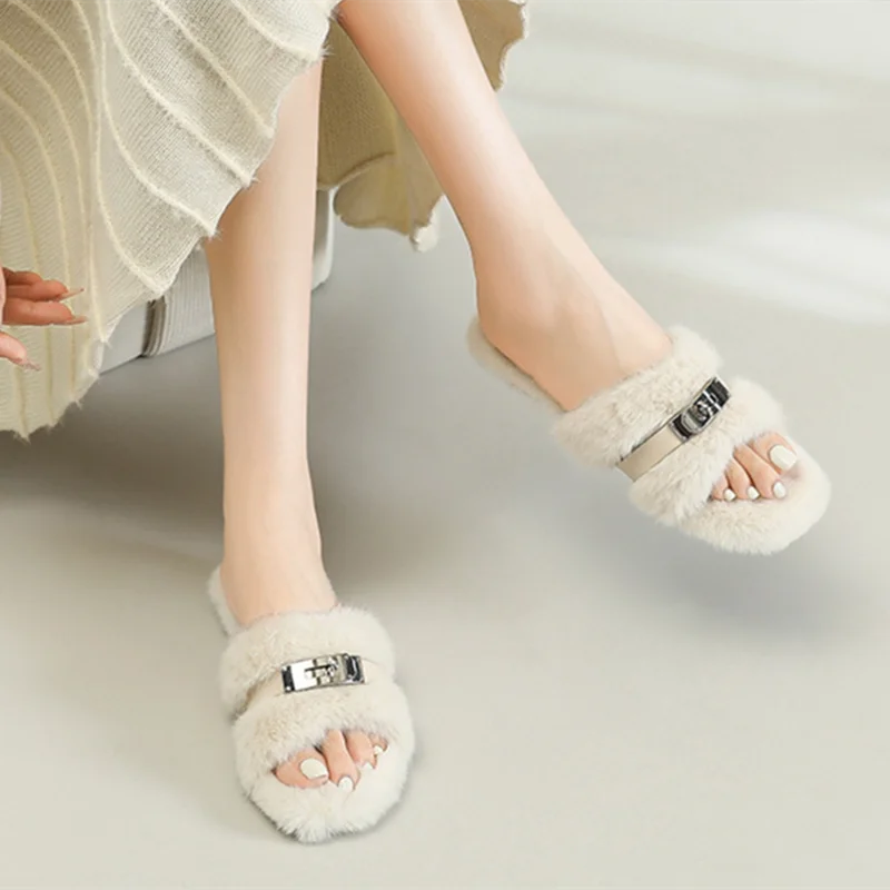 Women Spring Autumn Warm Slippers Indoor And Outdoor Short Plush Slides Flat Cotton Shoes Metal Chain Black Beige Grey 35 45 44