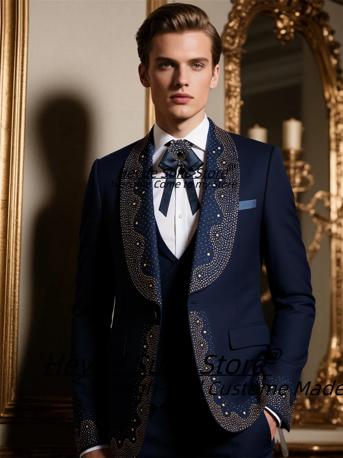 

Роскошные мужские костюмы с блестящими кристаллами по индивидуальному заказу, облегающие свадебные смокинги с шалью и лацканами для жениха, комплекты из 3 предметов, мужские пиджаки для выпускного вечера, костюм Homme
