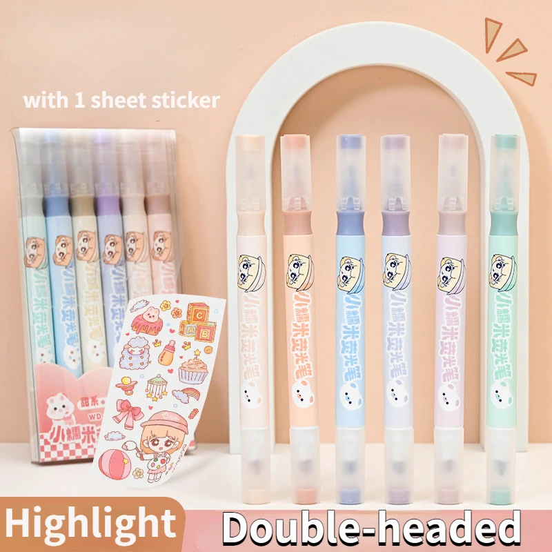 6pcs Double-headed Highlighter With Sticker Color Marker School Supplies Student Marker Textbook Highlighter Kawaii Stationery