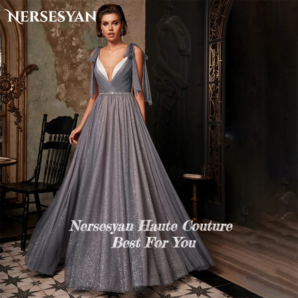 Nersesyan Solid Glitter Formal Evening Dresses V-Neck Sparkly Bow Straps A-Line Prom Dress Backless Sequins Shiny Party Gowns