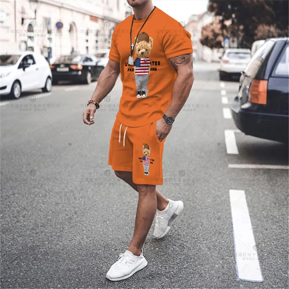 2023 New Men\'s T-Shirt Set Bear Luxury Brand High Quality Shorts Activewear 2 Piece Set Fashion Print Summer Men\'s Streetwear