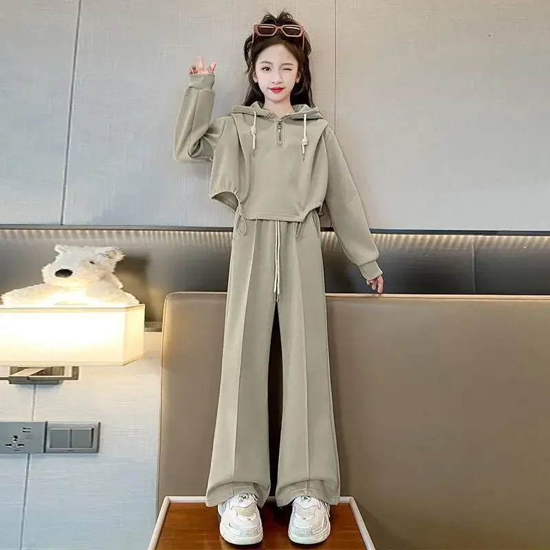 

Spring Autumn Children Sport Kids Girl Clothes Set Zipper solid sweatshirt+ Wide Leg Pant Outfits Suit 5-14 Year