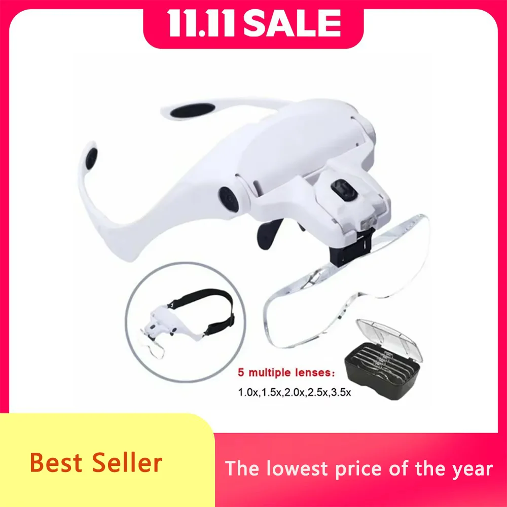Hot Sell Magnifying Glass LED Light Head Loupe Jeweler Watch Bright Magnifier with 5 Lens