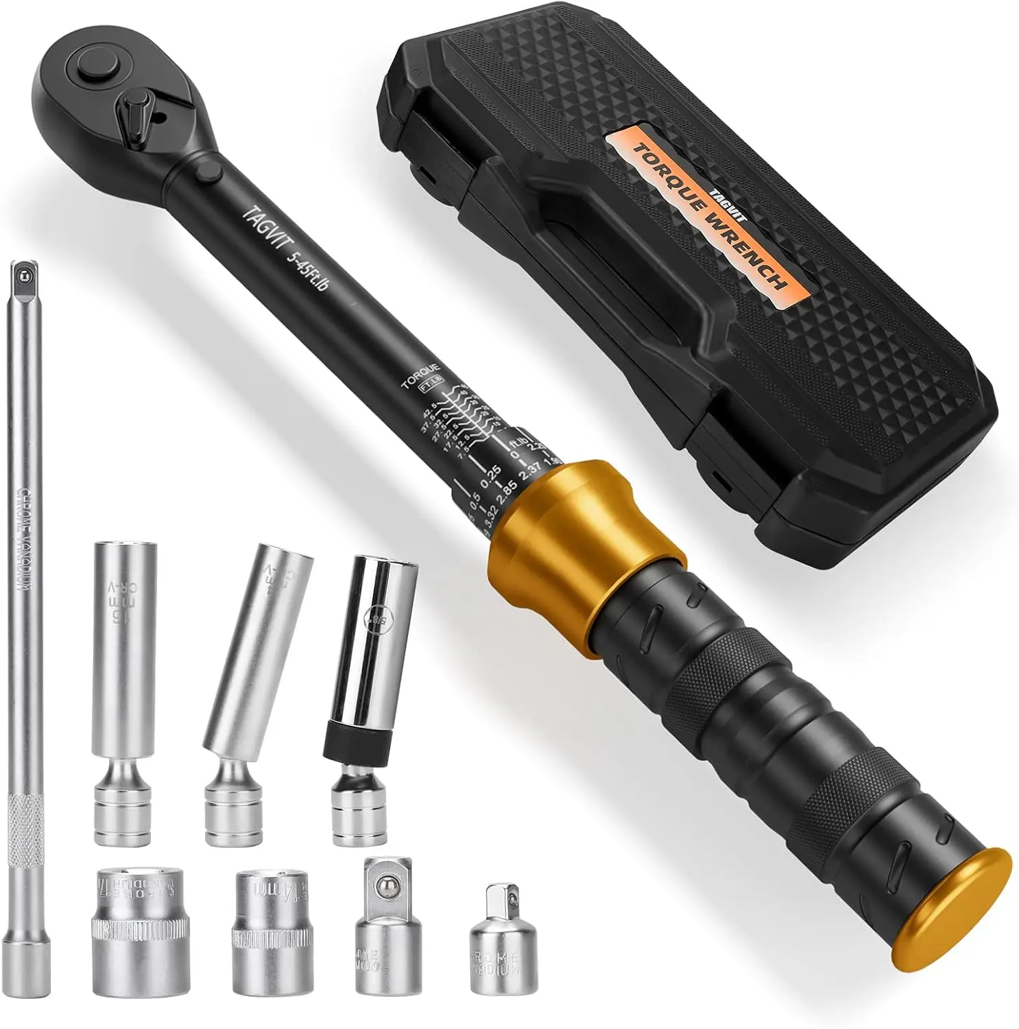 

9pcs 3/8 Drive 5-45ft.lb Adjustable Click Torque Wrench, Magnetic Spark Plug Socket & Extension Bar, Car Motorcycle Automotive Repair Wrench 72Tooth 6.8-61 N.m