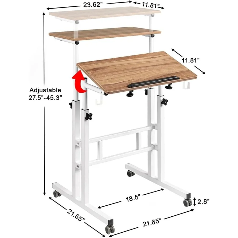 Mobile Standing Desk, Height Adjustable Small Standing Desk  Rolling Desk Laptop Cart for Standing or Sitting, Vintage Oak Desk