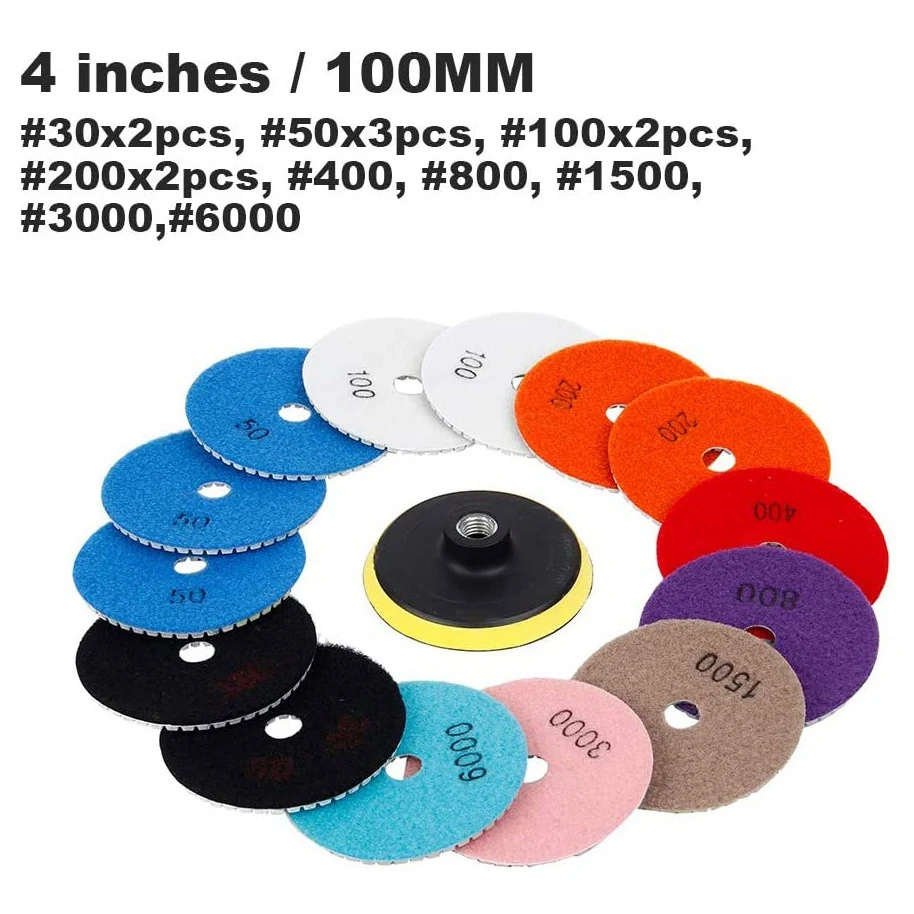 

15Pcs Diamond Polishing Pads Kit 4 Inch 100Mm Wet/Dry For Granite Stone Concrete Marble Polishing Use Grinding Discs Set-A68E