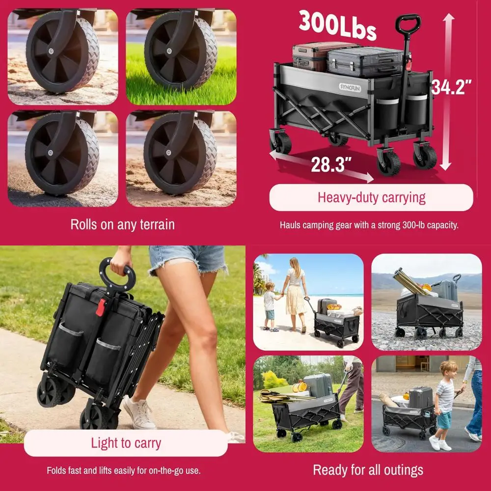 

Portable Folding Shopping Cart, 300lbs Capacity, All-Terrain Utility Wagon for Beach, Garden, and Groceries, Black