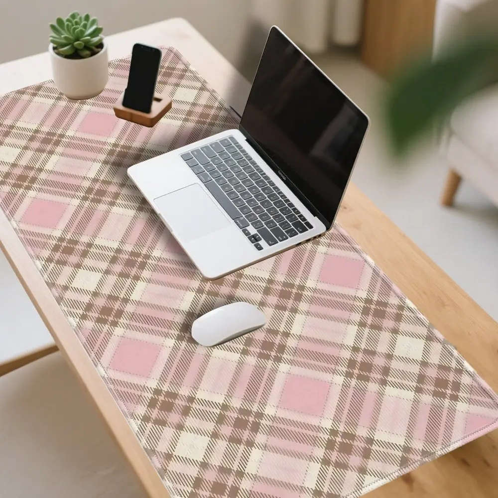 Soft Pink Brown Tone British Plaid Desk Mat, Large Flat Gami
