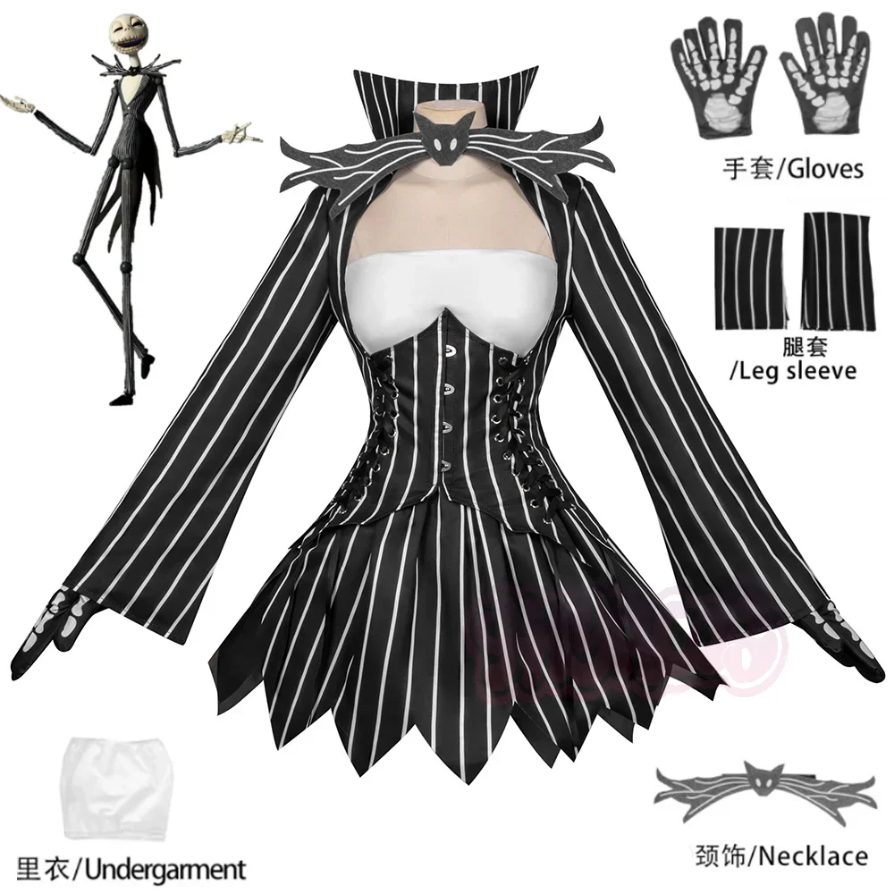 Gothic Style Jack Cosplay Costume For Women, Long Sleeve Top Matching Skirt And Gloves For Halloween Fancy Dress Convention Gath