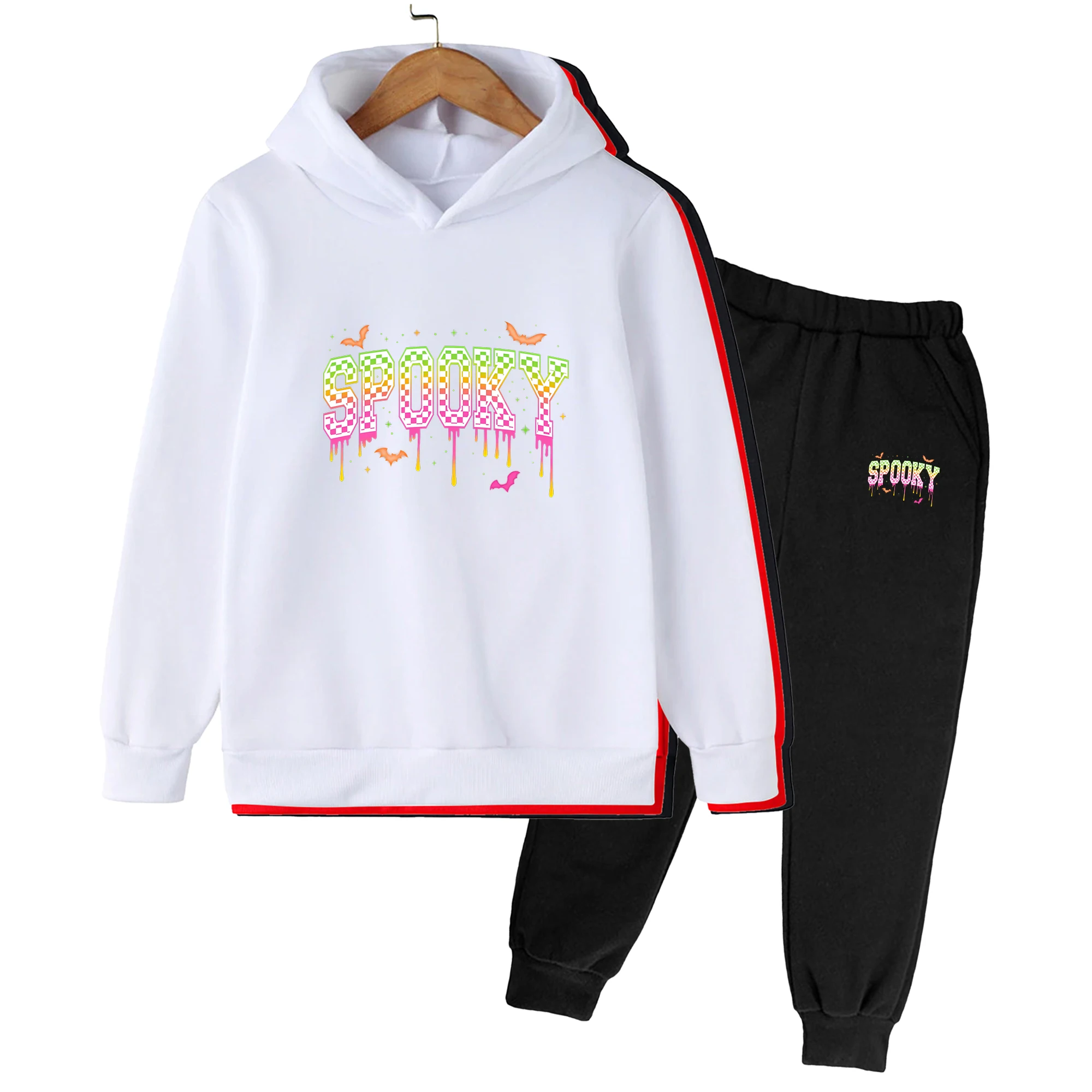 Kids Hoodies Sweatshirts Pants Set Fleece Y2K Spooky Letter Printed Halloween Bat Children Clothing Autumn Winter Streetwear