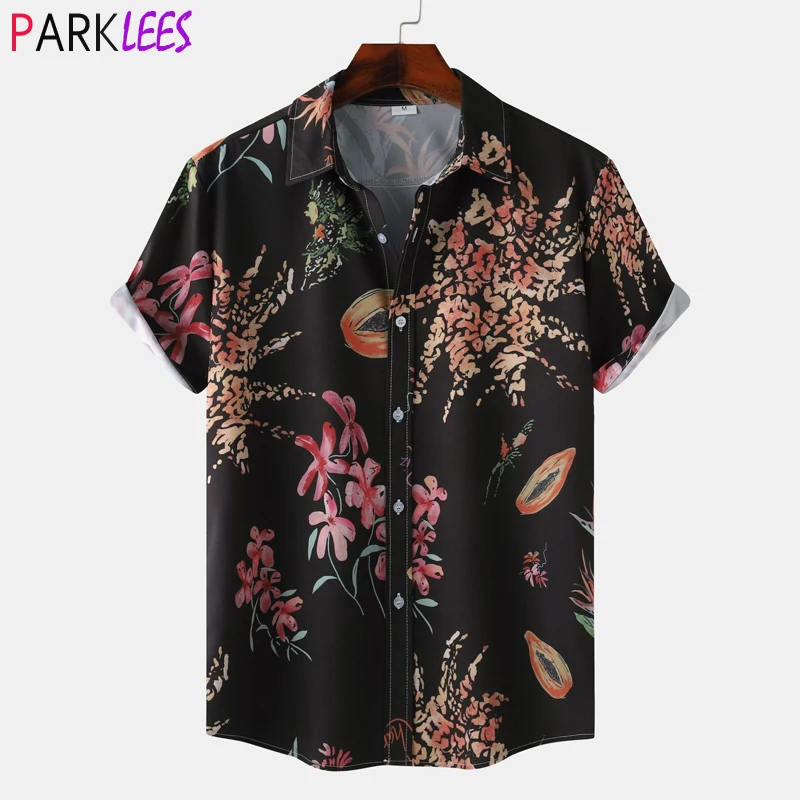 

Black Floral Mens Hawaiian Shirt 2024 Summer Short Sleeve Button Down Beach Shirts Mens Casual Tropical Aloha Party Chemise XXL