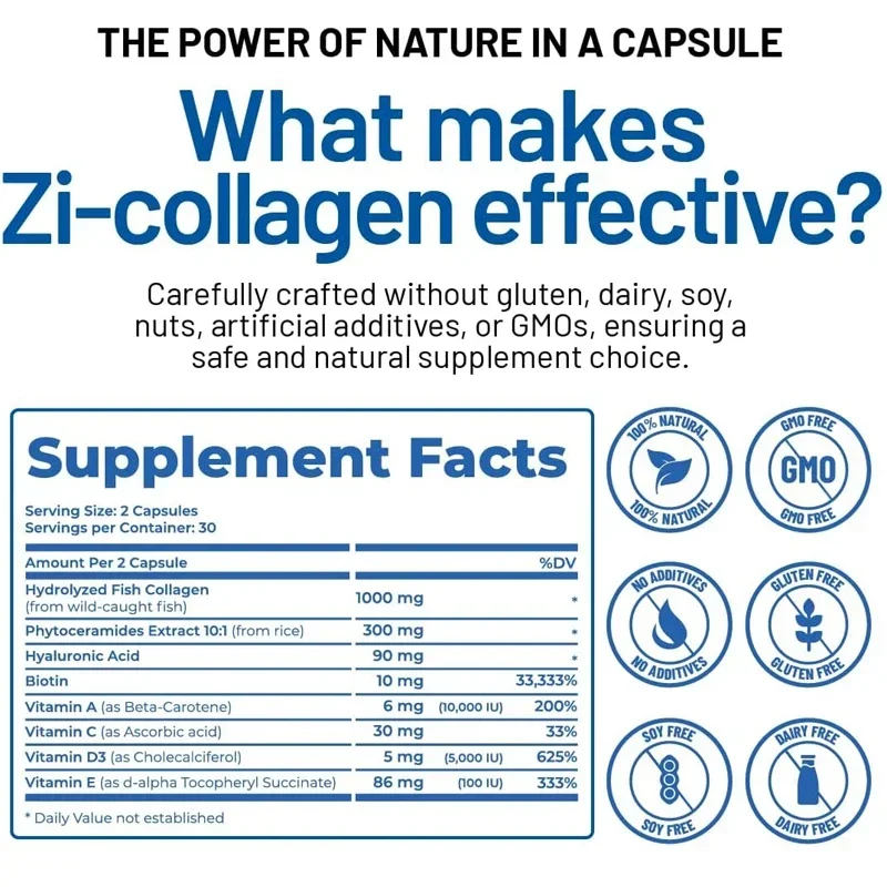 Ocean Collagen Capsules Contain Hyaluronic Acid, Biotin - Advanced Anti-aging Supplements for Skin, Hair, and Nails -60 Capsules