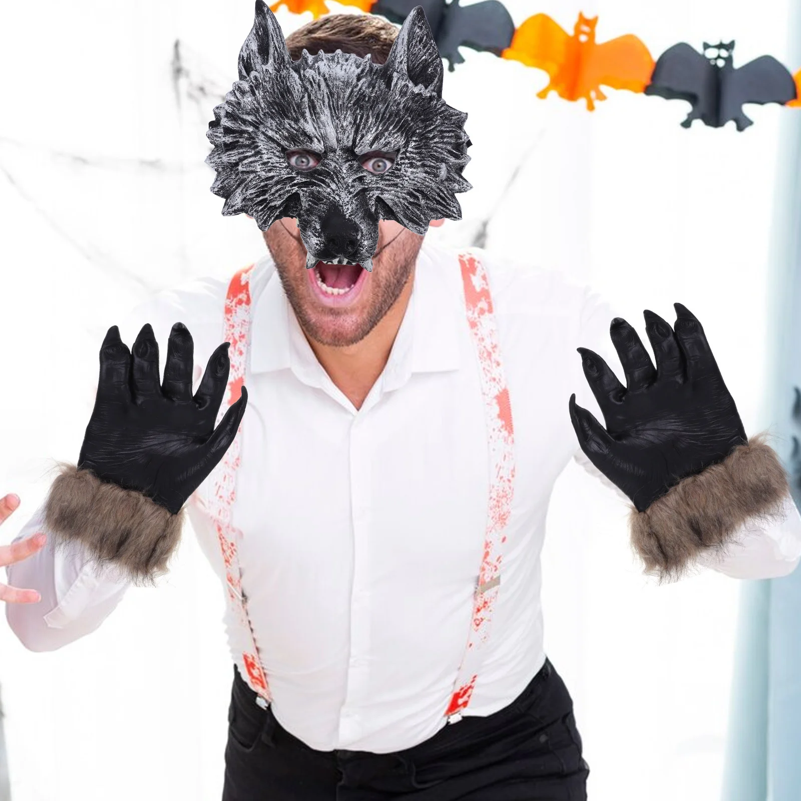 1 zestaw 1 Zestaw Maska Wilka Rękawice Winylowa Maska Horror Kostium Maski dla Kobiet i Mężczyzn na Halloween Imprezę Taneczną Występ Hip Hop Akcesoria do Odgrywania Ról