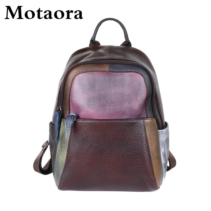 MOTAORA 2024 New Hand-painted Panelled Women Backpack Genuine Leather Female Retro Bag Leisure Vintage Travel Backpack Mochila