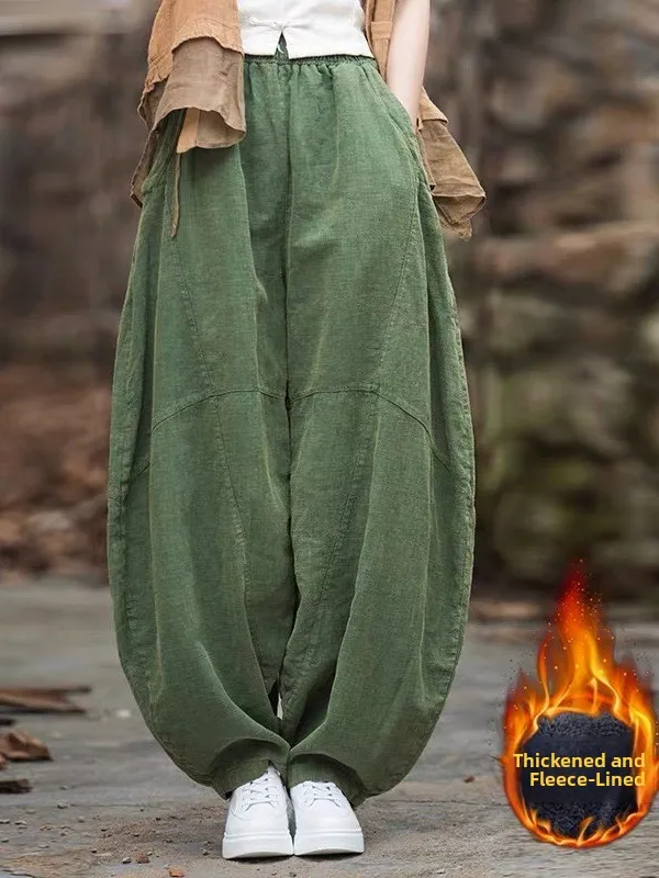 

Thiened Cotton Linen Pants Women's Autumn Winter New Sle Retro Casual Loose Long Pants Zen Tai Chi Lantern Pants