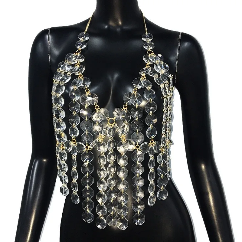 Transparent Purple Acrylic Beading Bra Chain Camisole Tops Jewelry Sexy Girls Music Dance Show Party Tops Crystal Breast Jewelry