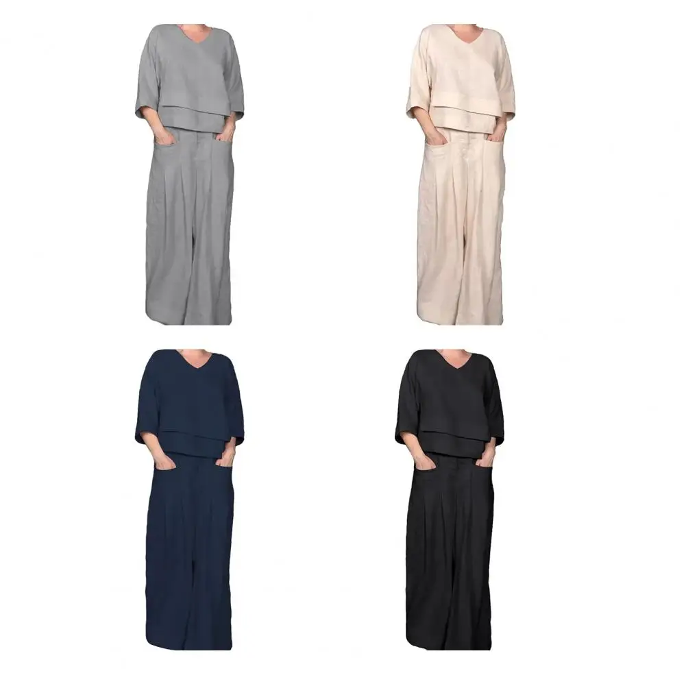 

2026 Fashion New Two-piece Set Women's V-neck Pullovers Long-sleeved Loose Shirt+Pocket Wide-Leg Pants Suit Casual Office Ladies