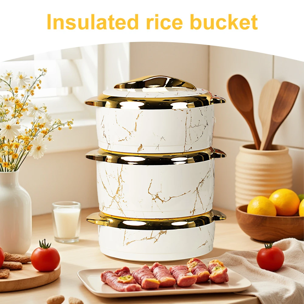 3pcs Stainless Steel Inner Thermal Lunch Box Set Marble Pattern Warmer Lunch Container Portable Heat Preservation Bowl Airtight Leak-proof Food Container