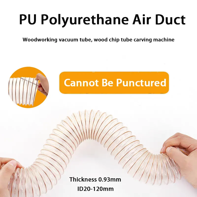 0.93mm PU Polyurethane Air Duct Copper Plated Steel Wire Hose Transparent Vacuum Pipe Woodworking Sawdust Corrugated Hose