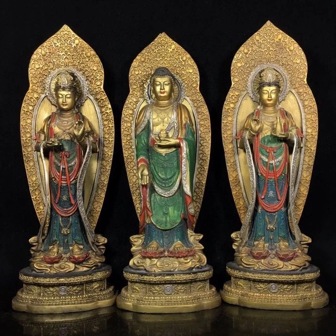 

16"Tibetan Temple Collection Old Bronze Painted Three Sages Sakyamuni Guanyin Buddha Amitabha Backlight Worship Hall Town house