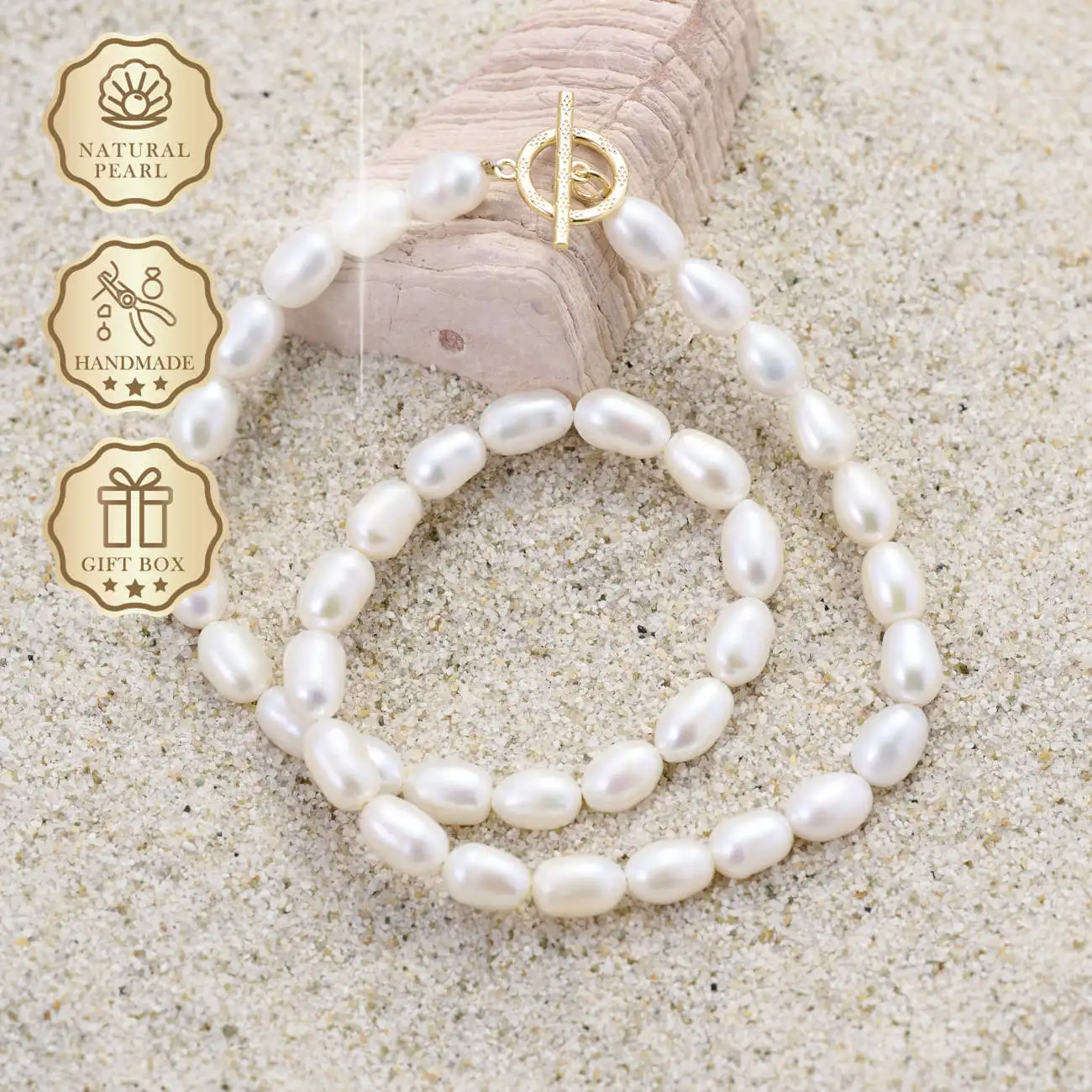 

MYSOYA White Rice Freshwater Pearl Necklace 7–8mm with Gold OT Clasp, Gift Box, Birthday & Anniversary Gift