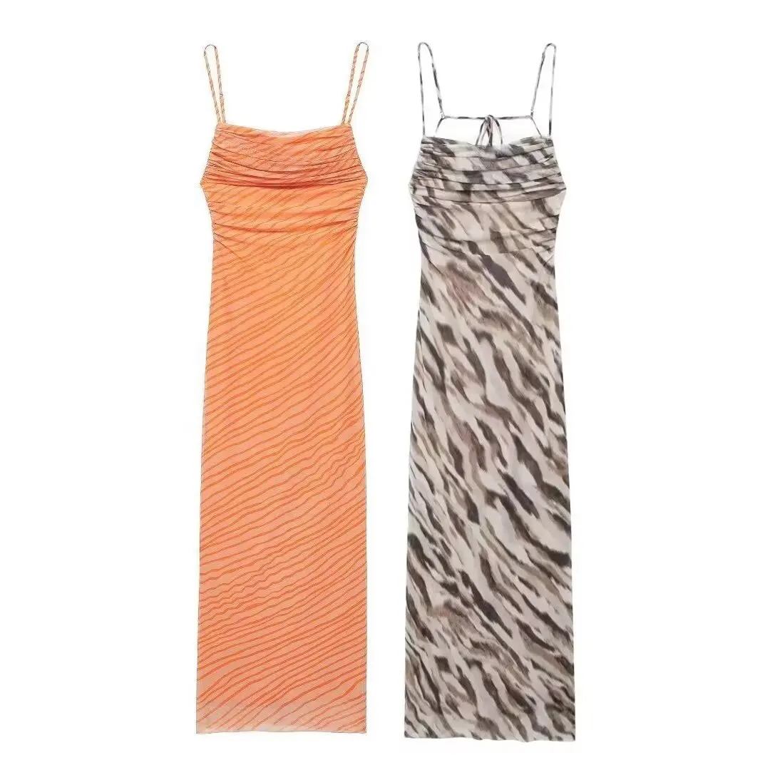 Europese en Amerikaanse dameskleding geplooide print zijden mesh jarreteljurk lange jurk