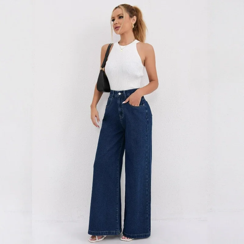 Women Wide Leg Pants Washed Streetwear Loose Pockets Denim Pant Solid Simple Trousers Floor Length Lady Jeans Autumn spring